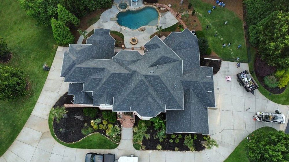 Aerial view of a completed residential roof
